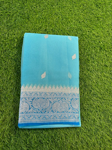 Baby blue with dark blue pure khaddi chiffon Banarasi Sarees.