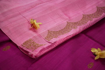 pink pure raw silk saree with scallop border.