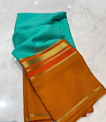 Teal blue with orange pure crepe Mysore Silk sarees 100 gsm