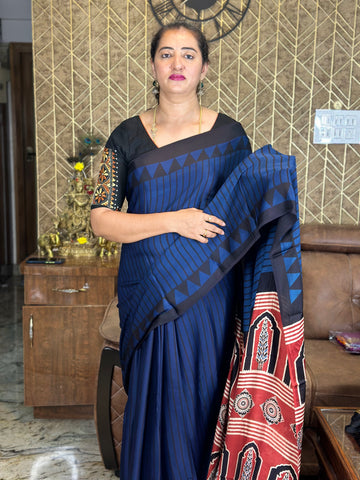 Navy blue with red Ajrak modal silk sarees.