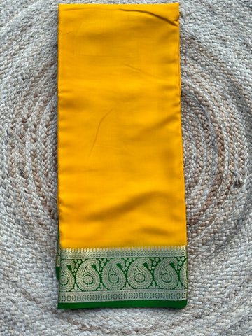 Yellow and green pure crepe Mysore Silk sarees 120 gsm mango border