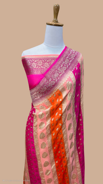 Orange and pink pure khaddi water zari hand brush dying