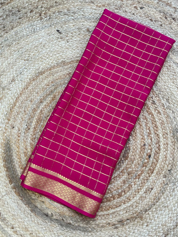 Rani pink checks pure crepe Mysore Silk sarees 120 gsm