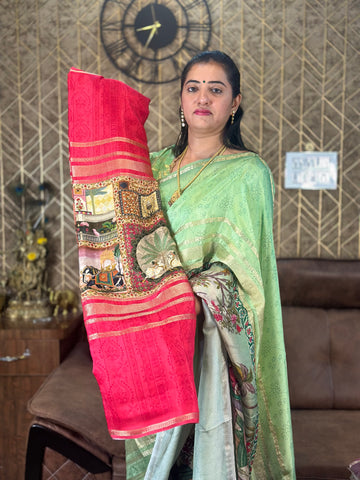 Chilly red semi crepe kalamkari saree.