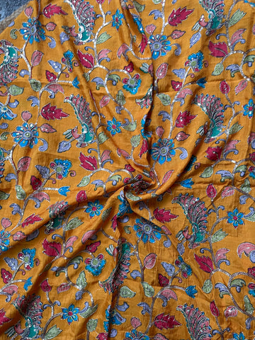 Mustard pure crepe kalamkari blouse material 1 mtr