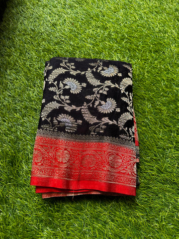 Designer georgette with silver and gold jaal.black and red combo.