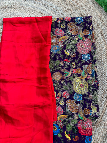Red pure crepe with brocade blouse