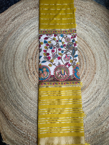 Mustard crepe central kalamkari sarees.