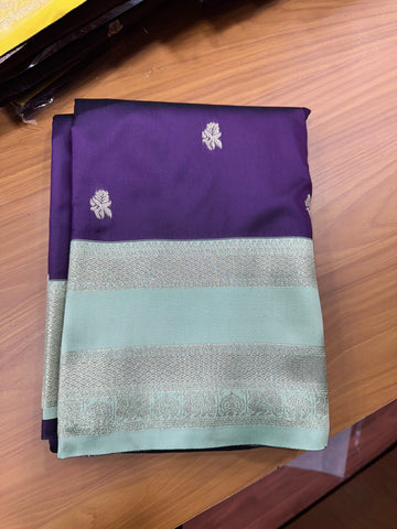 Brown and sea blue semi Kanchi sarees.