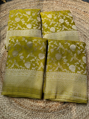Neon green soft georgette in jaal pattern.