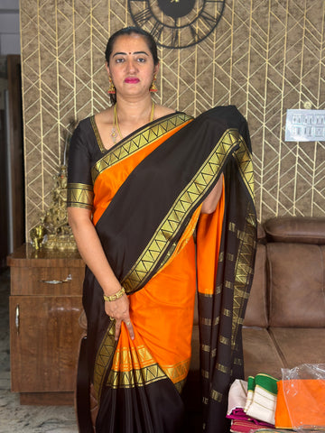 Orange and black pure Mysore Silk sarees. 120 grams thickness.