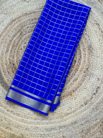 Royal blue checks pure crepe Mysore Silk sarees
