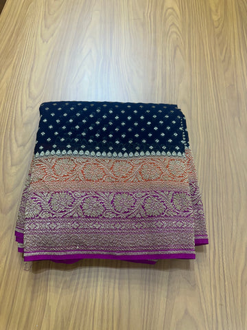 Black pink and red 3D pattern Khadi georgette sarees.