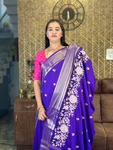 Purple semi cut work crepe sarees.