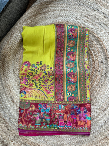 Neon green with pink pure moonga crepe silk with Kashmiri weaving.