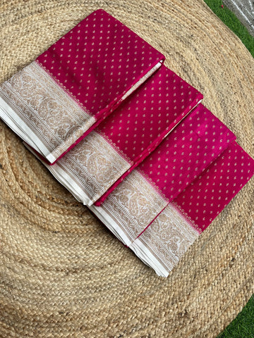 Pink and white pure crepe chiffon sarees with brocade blouse
