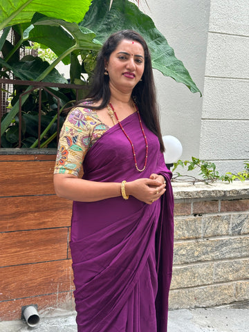 Brinjal purple pure crepe saree with brocade blouse
