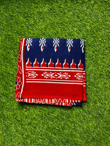 Blue and red mul cotton saree