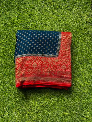 Peacock green with red pure crepe Banaras
