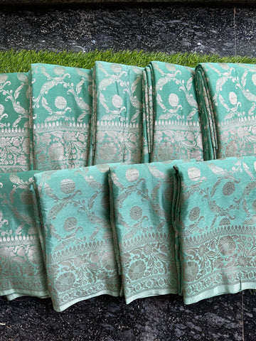 sea green crushed greorgette in jaal patern
