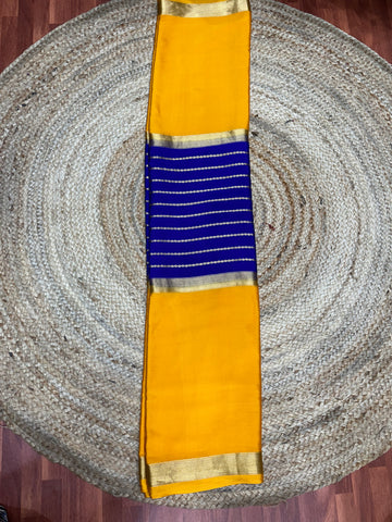 Purple with mango yellow Pure Mysore Silk crepe with central lines