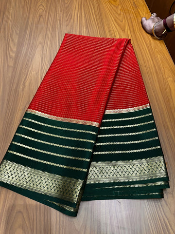 Pure Mysore silk crepe Red with green