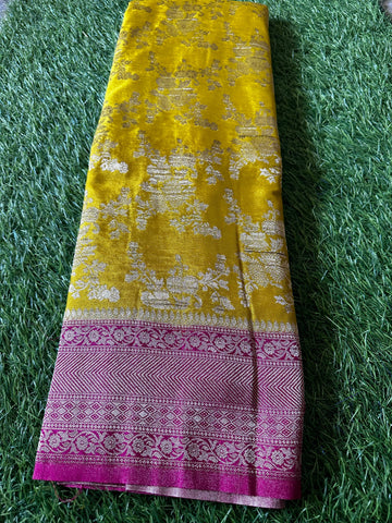Crushed georgette in jaal pattern.lemon yellow with pink combination.