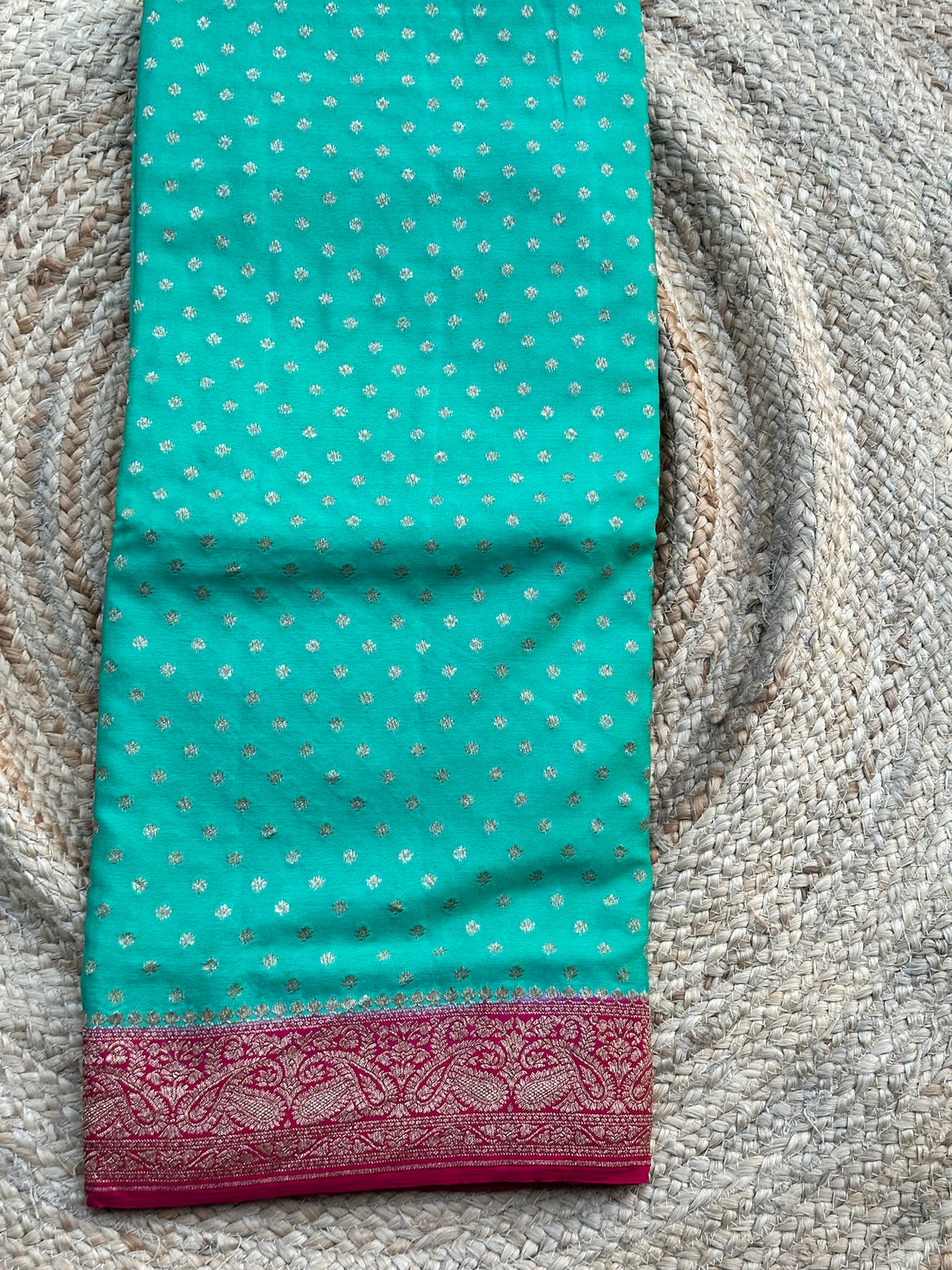 Sea green with pink pure crepe Banaras with brocade blouse