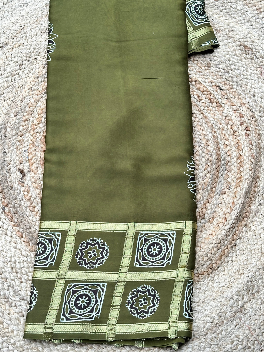 Leaf green pure Ajrak modal silk sarees with Ajrak blouse