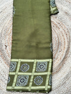 Leaf green pure Ajrak modal silk sarees with Ajrak blouse