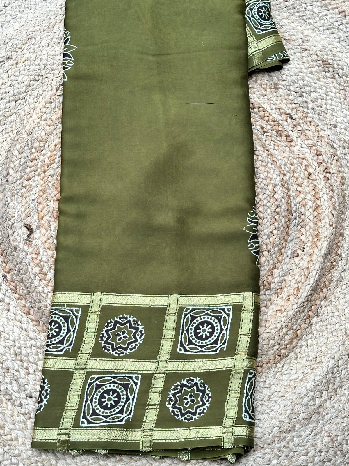 Leaf green pure Ajrak modal silk sarees with Ajrak blouse