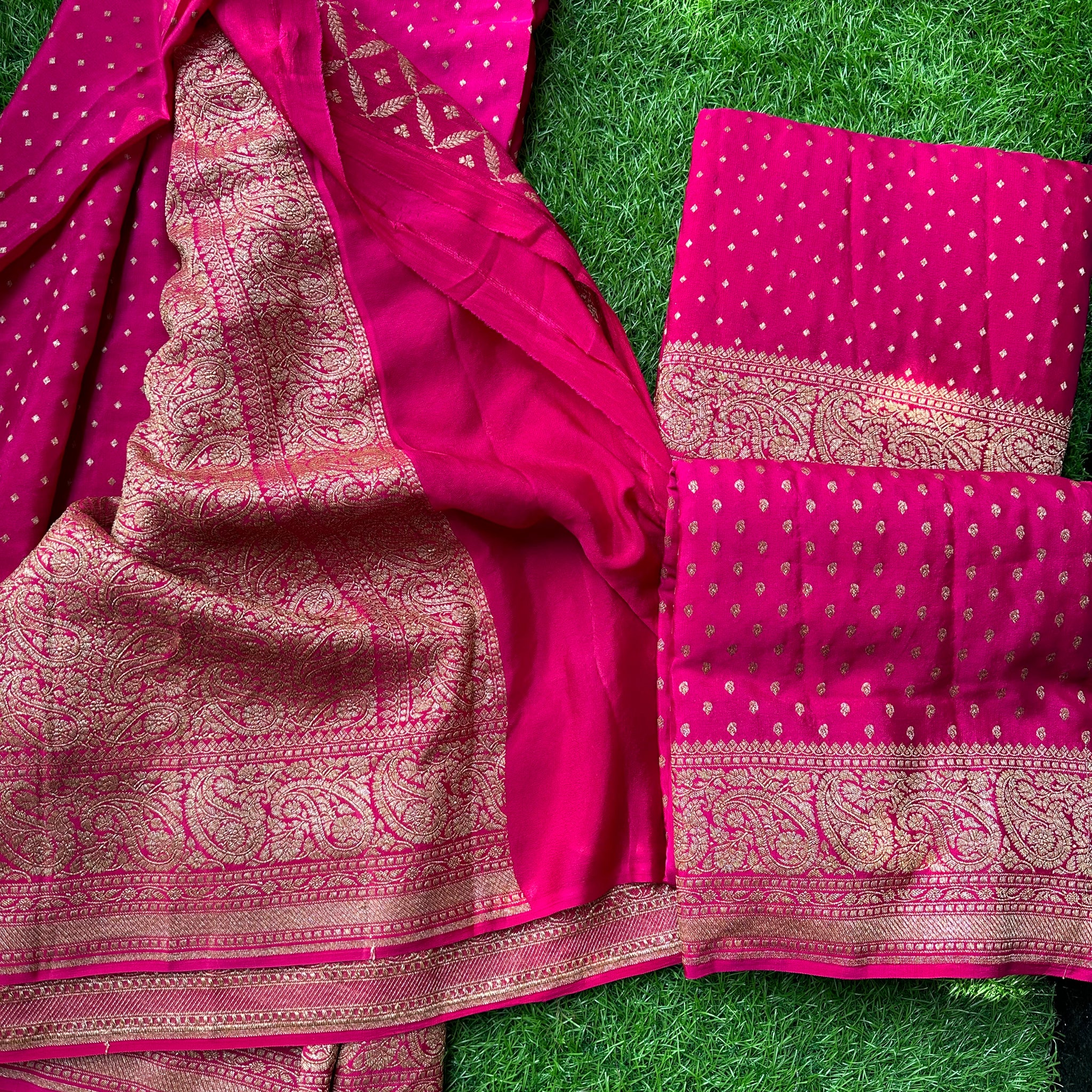 Rani pink pure Crape Banaras.