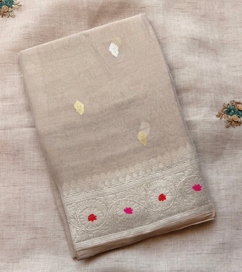 Cream tissue Banarasi pure khadi chiffon saree sliver zari saree