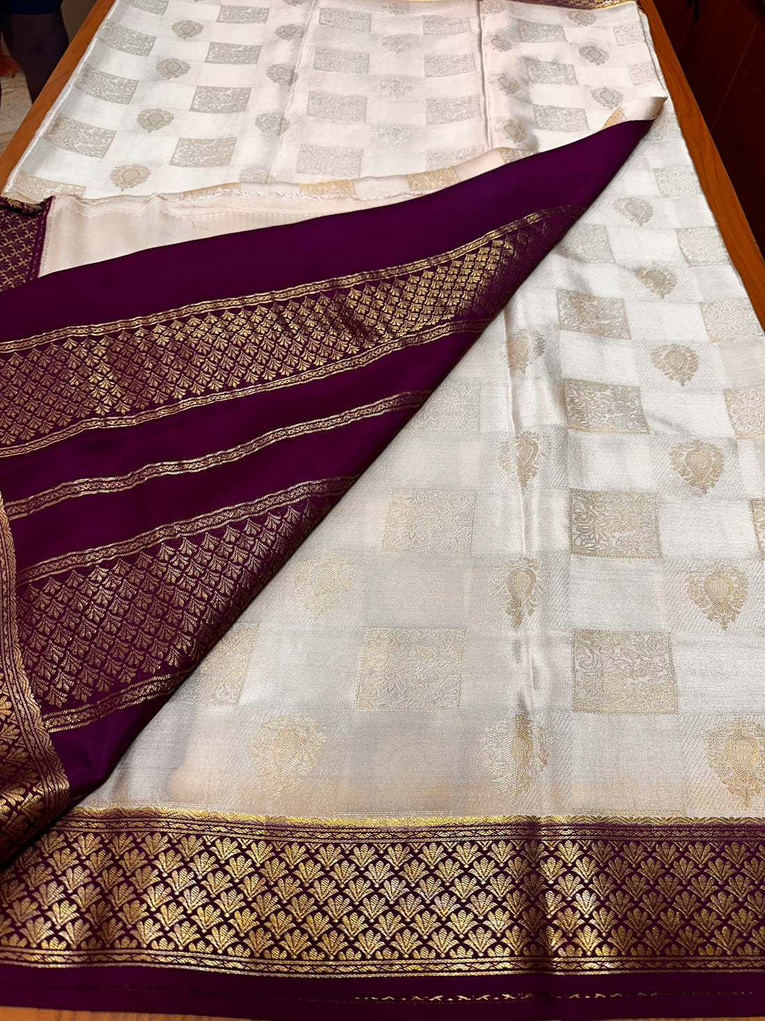 Cream with dark purple pure crepe Mysore Silk 120 gsm