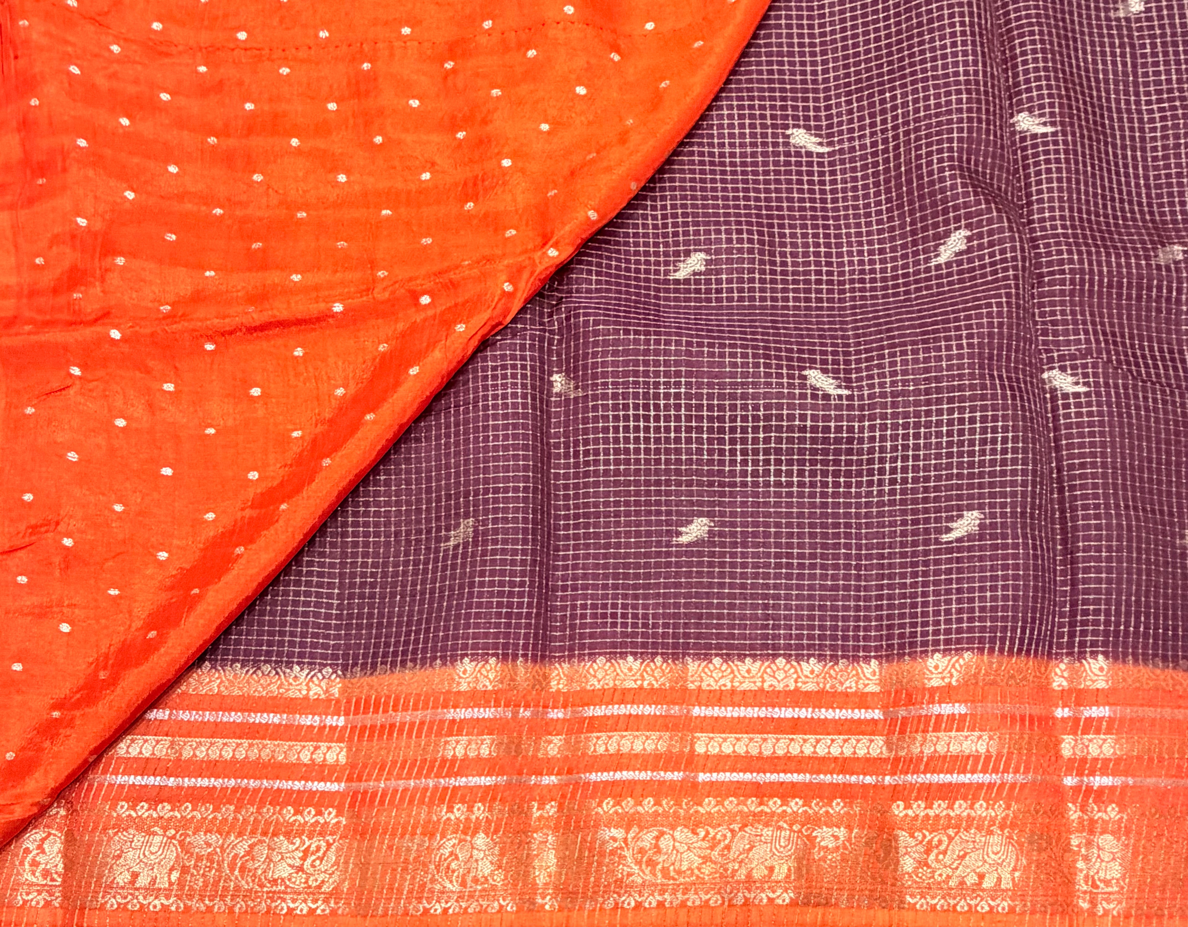 Brown contrast border checks Dola crepe saree