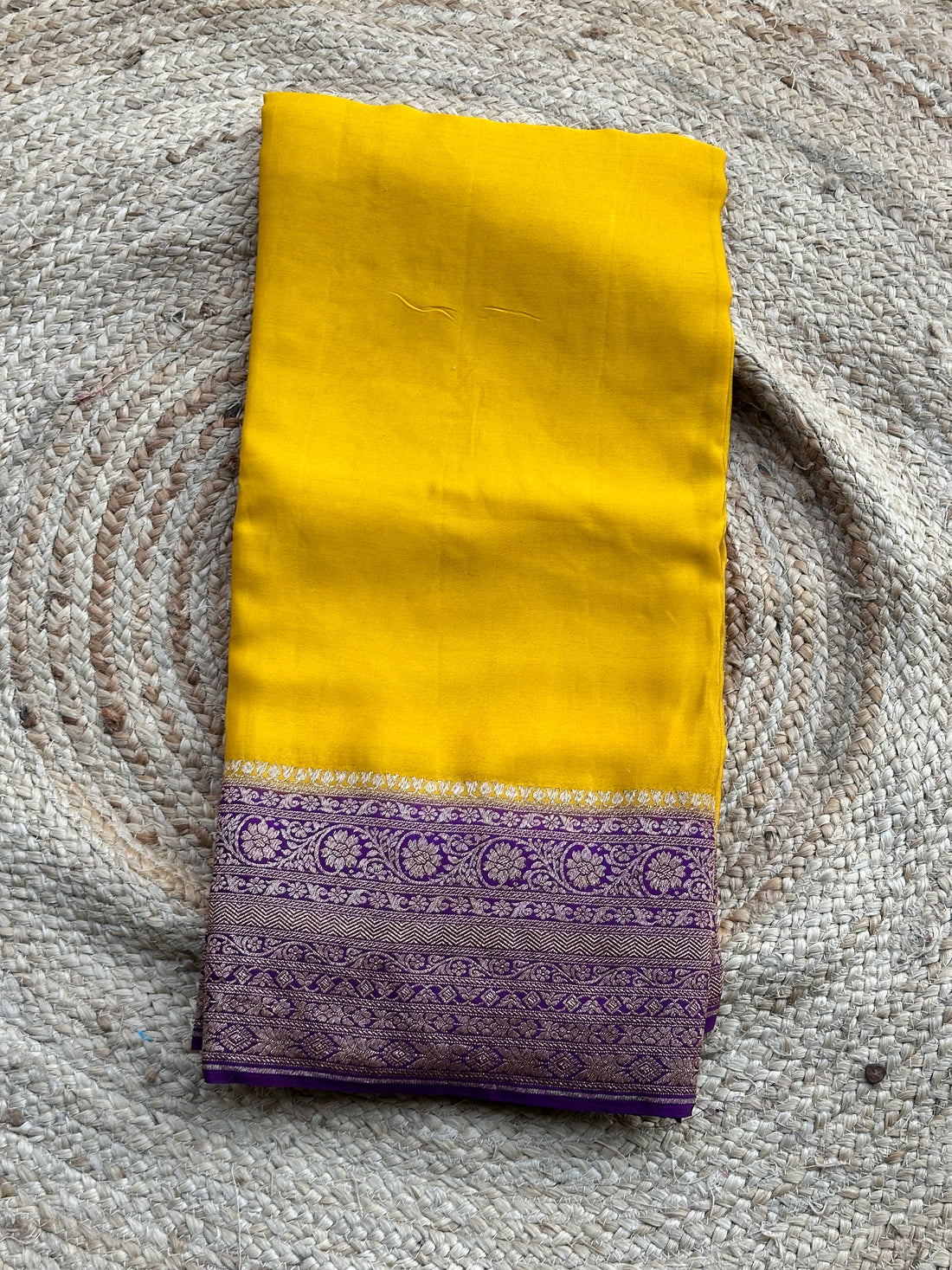 Yellow and purple pure crepe Banaras sarees with Jaal Pattern blouse