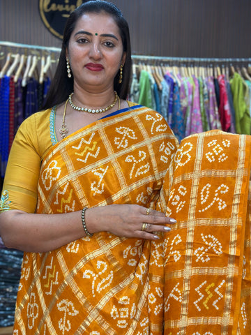 Mustard pure gajji silk sarees with Bandini Ajrak prints