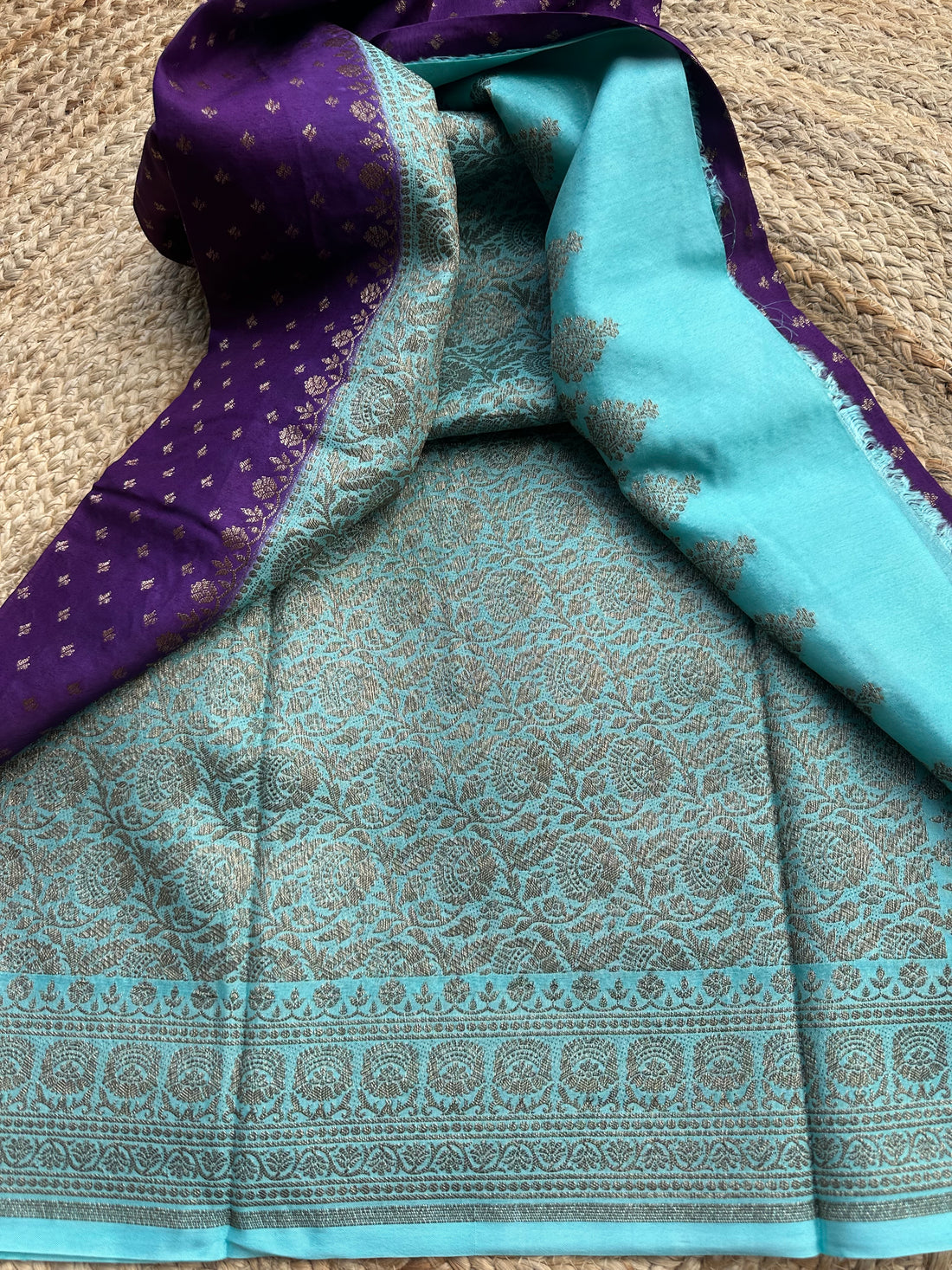 Purple and sea blue Pure crepe chiffon sarees with brocade blouse