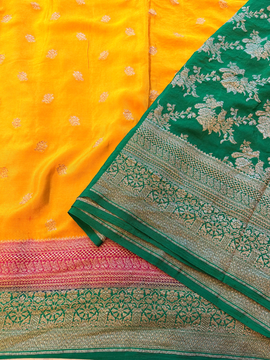 Mustard yellow 3D pure benarasi crepe silk saree