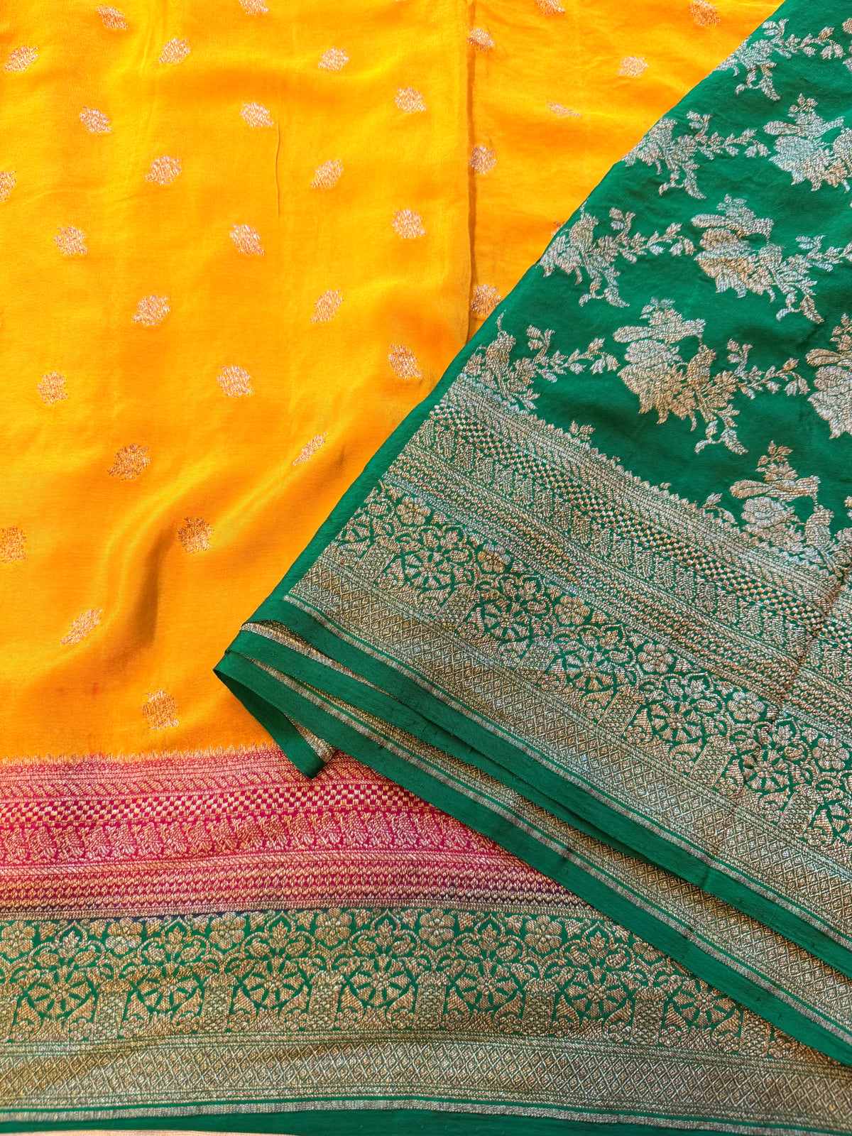 Mustard yellow 3D pure benarasi crepe silk saree