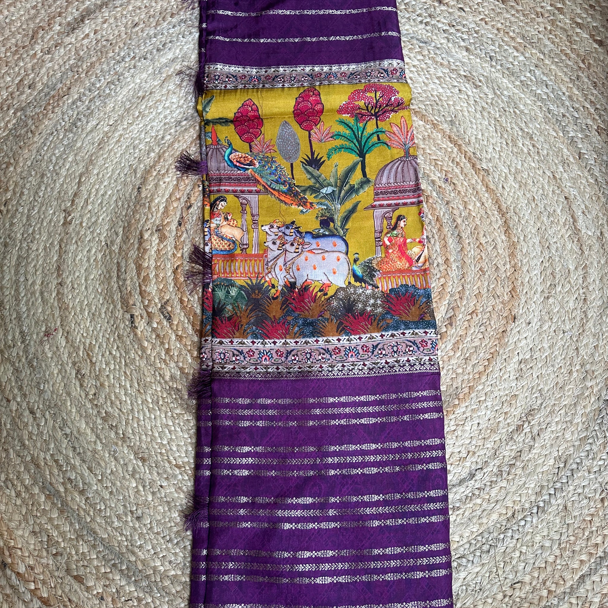 Wine with mustard central digital kalamkari sarees.