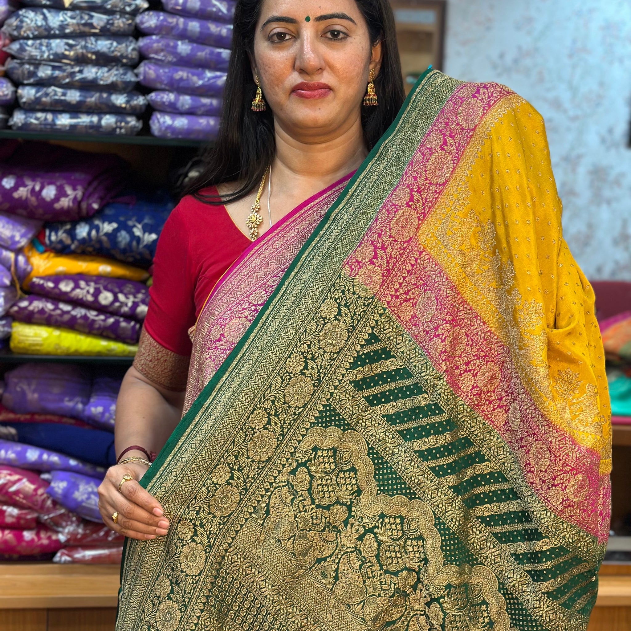 Mustard and green pink pure crepe Banaras 3D pattern with brocade blouse