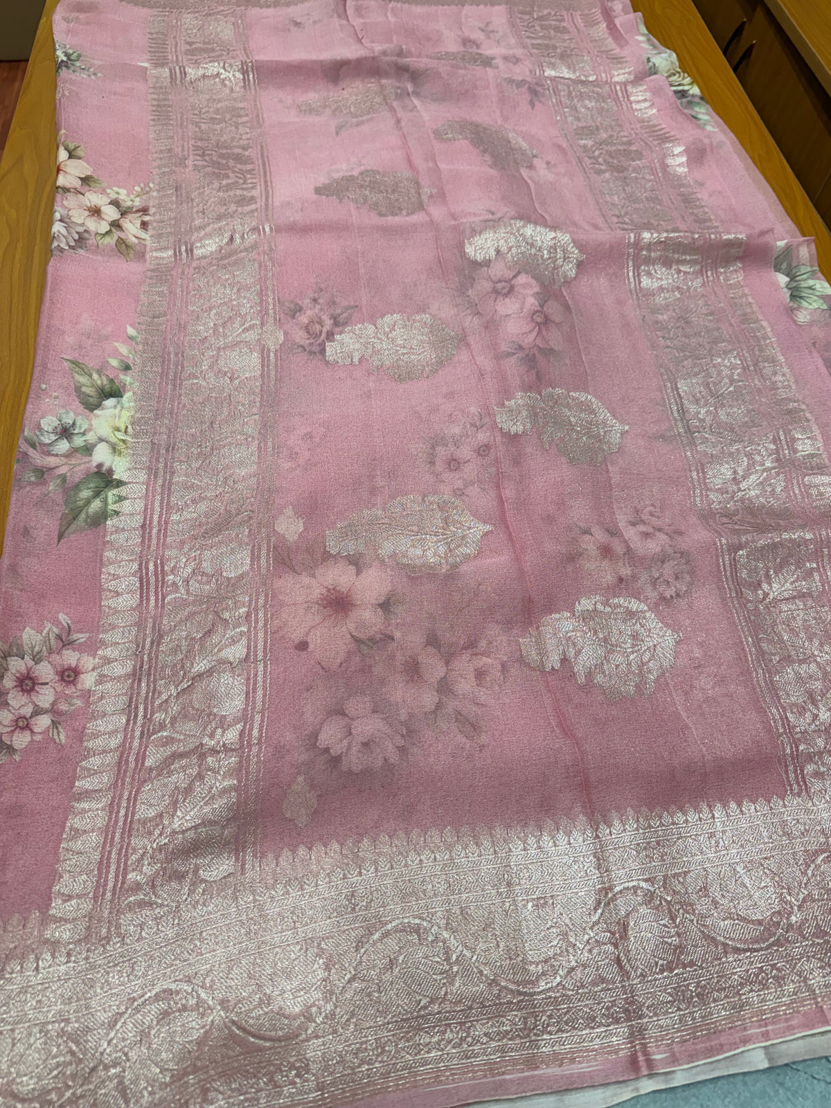 Pastel pink digital print Banarasi pure tissue chiffon saree sliver zari saree