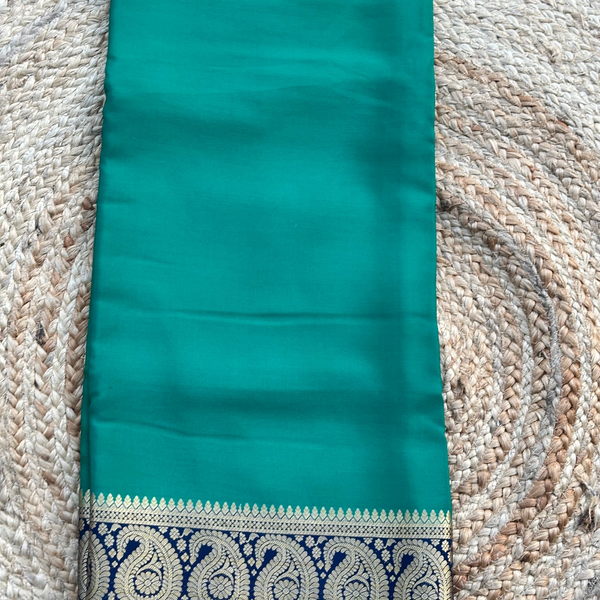 Green and blue pure crepe Mysore Silk Mango border 120 gsm
