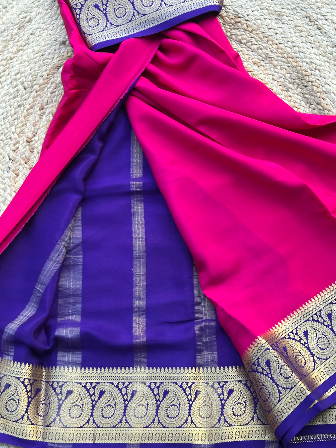 Pink and deep blue pure crepe Mysore Silk sarees 120 gsm