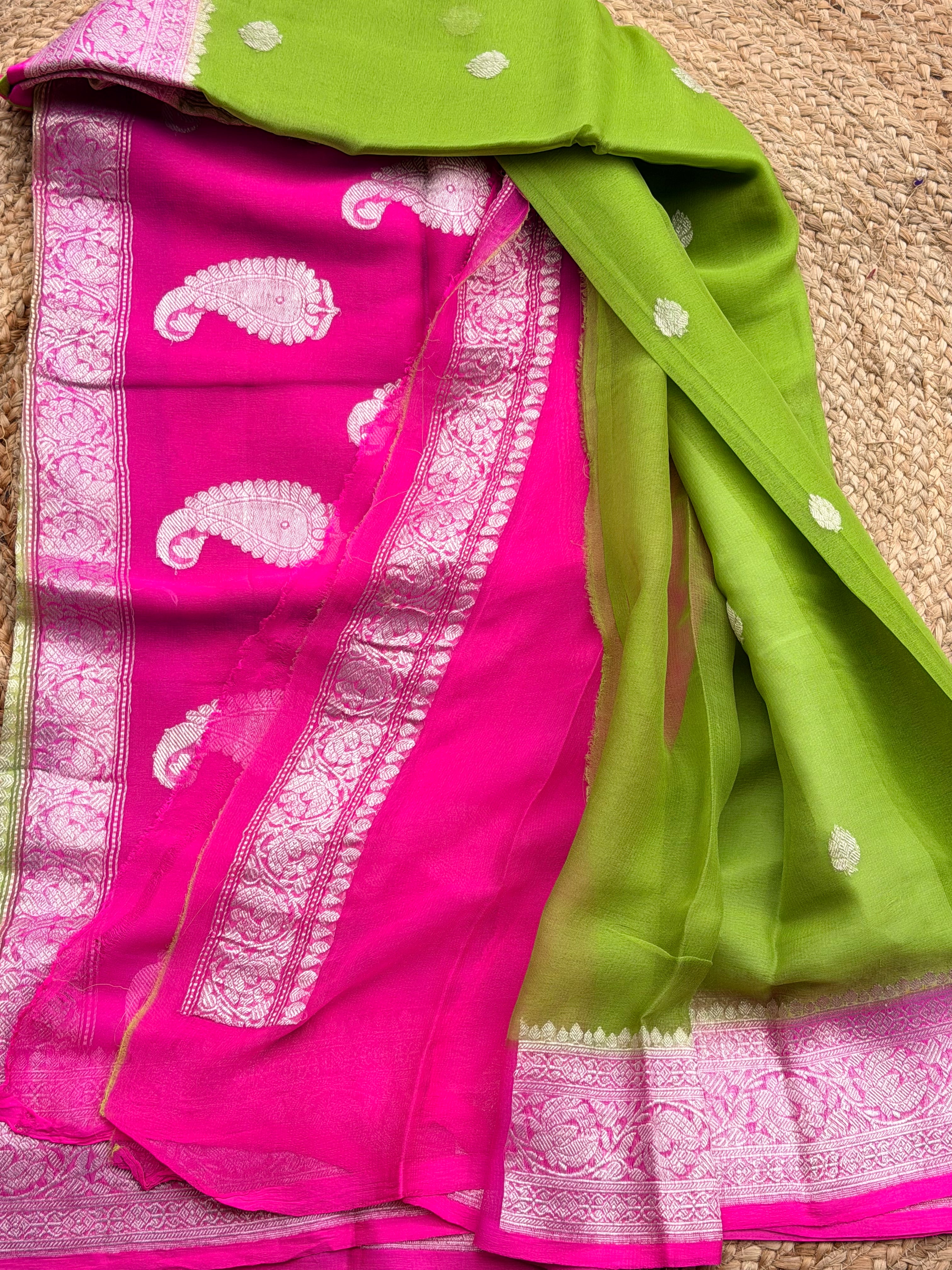 Parrot green with pink border Banarasi pure khadi chiffon saree sliver zari woven