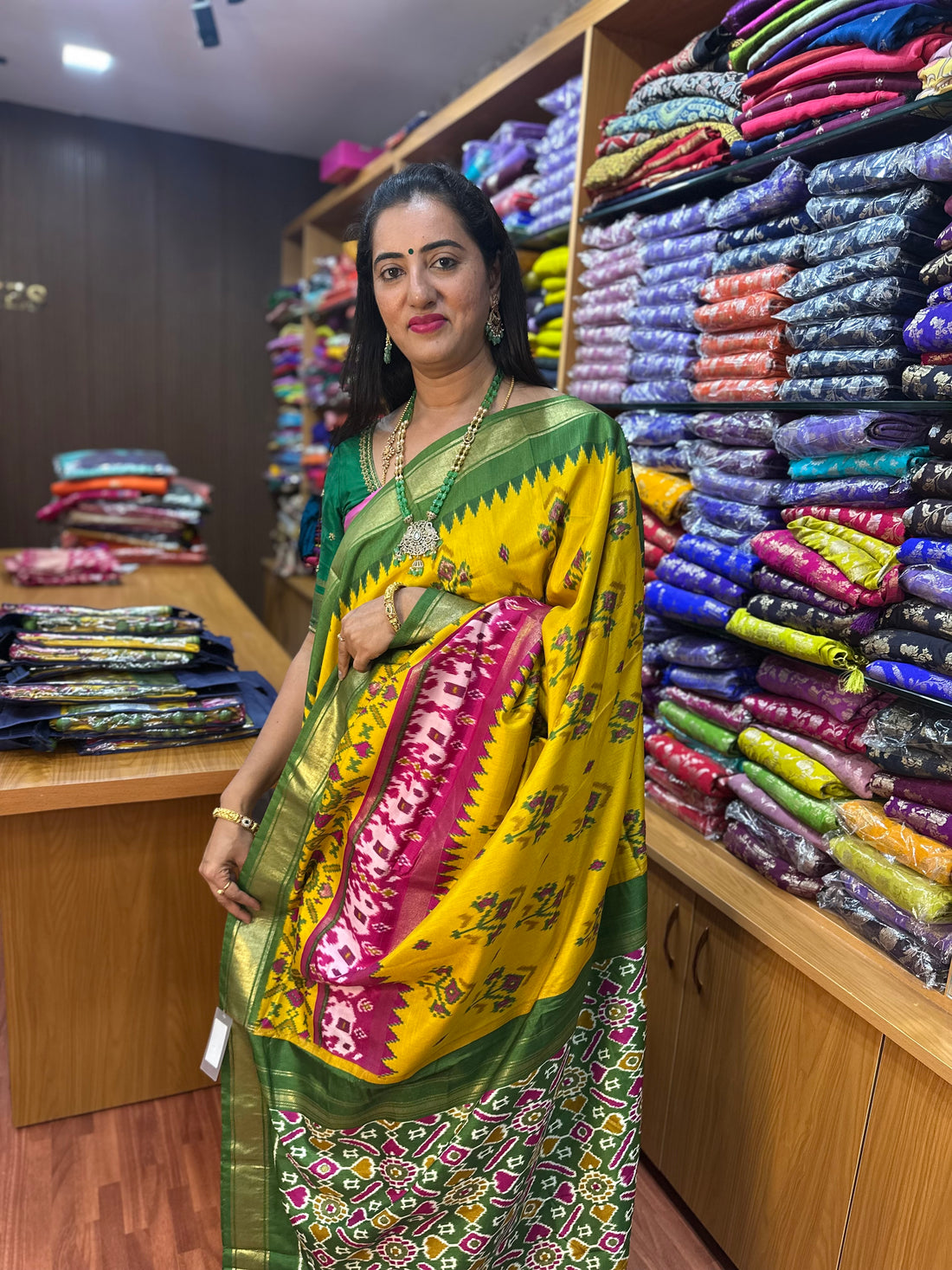 Yellow and green and pink Patola Saree