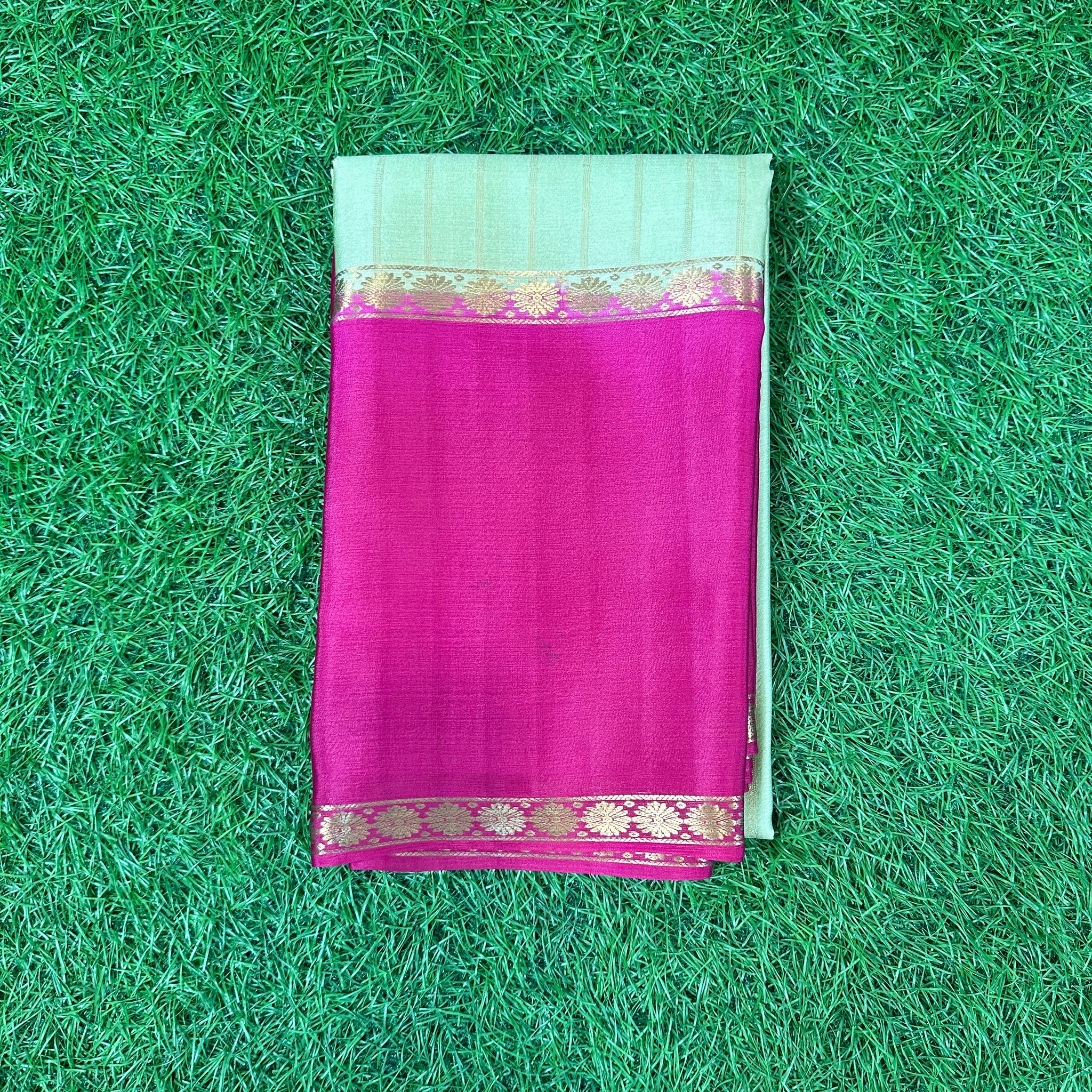 Pista green with mejentha pink pure wrinkle crepe with vertical stripes blouse.