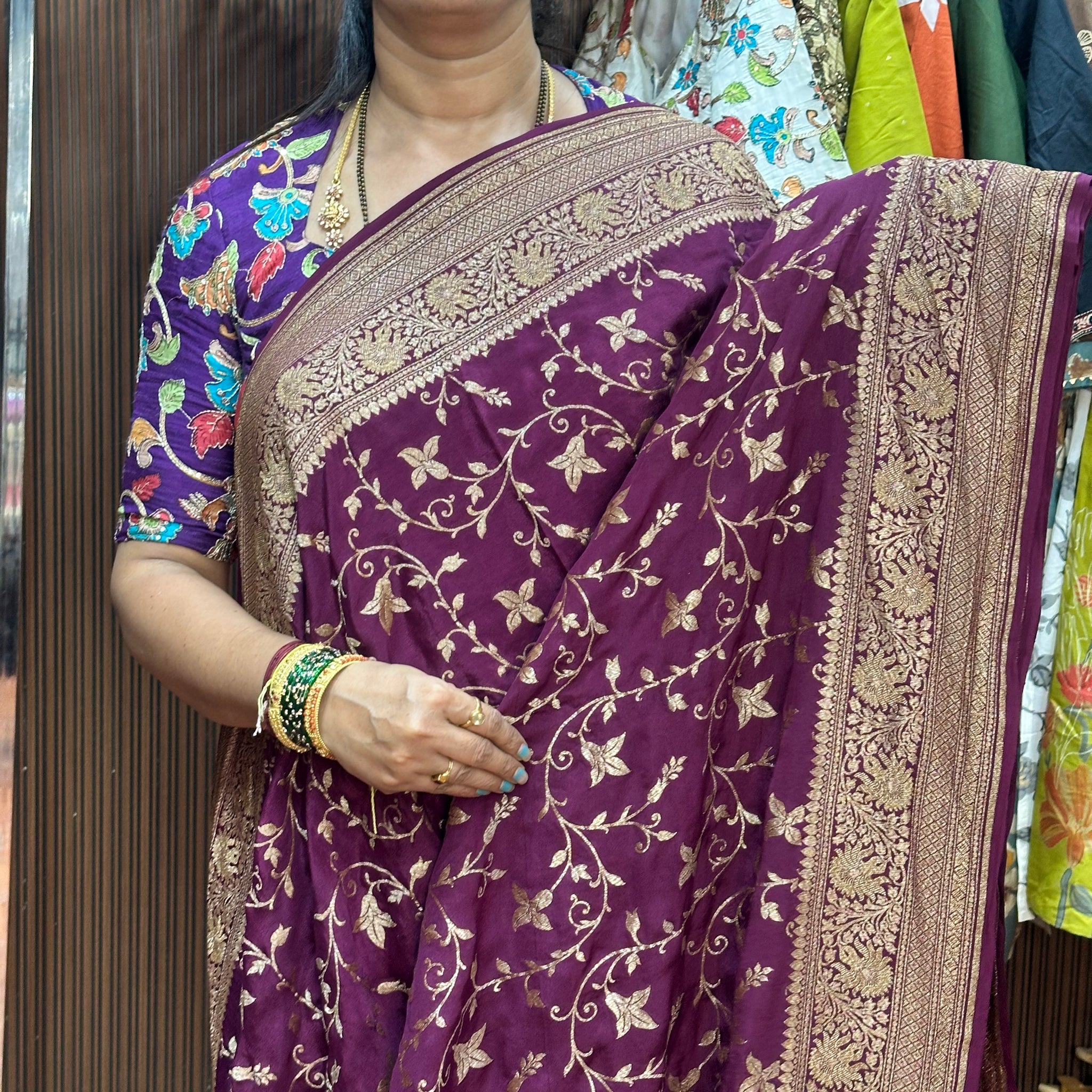 Dark wine jaal pure crepe Banaras silk sarees
