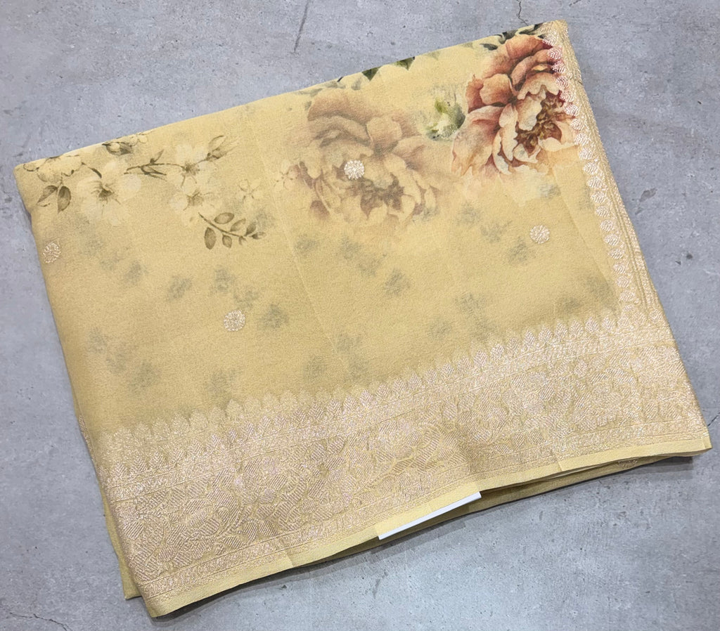 Pale yellow digital print Banarasi pure tissue chiffon saree sliver zari saree